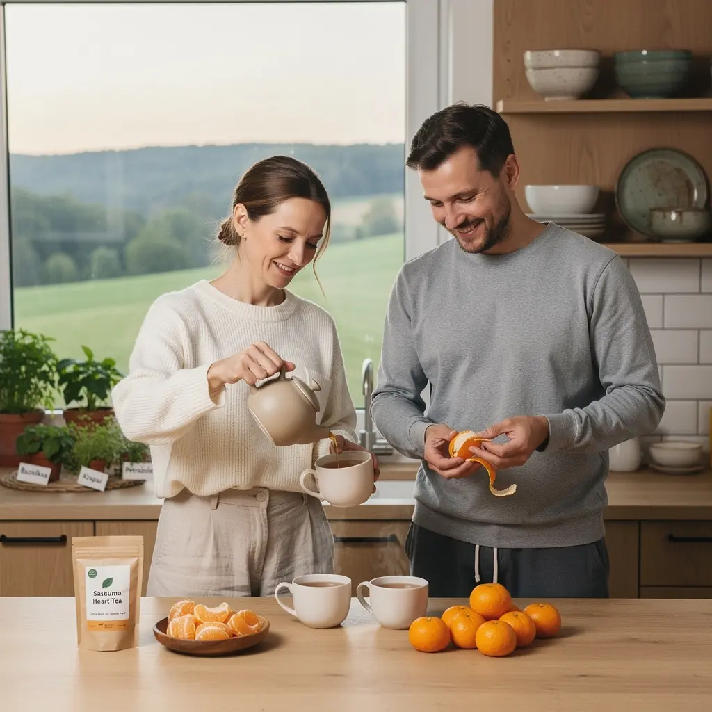 Svaiginantis Satsuma arbatos puodelis su citrinos skiltelėmis.